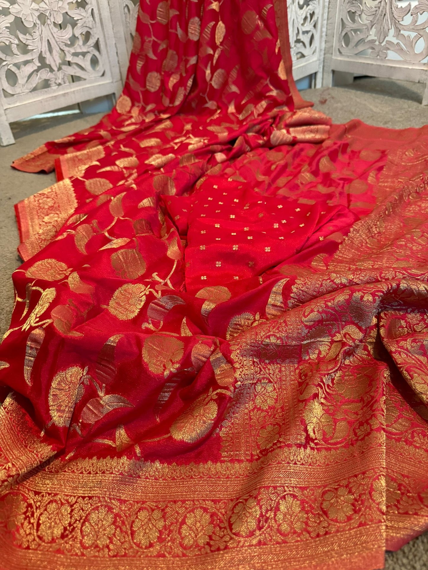 Tomato pink Benarasi Georgette Jacquard weave