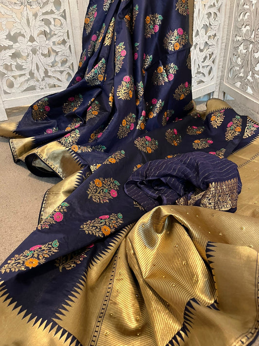 Midnight blue Mashru Benarasi with Minakari