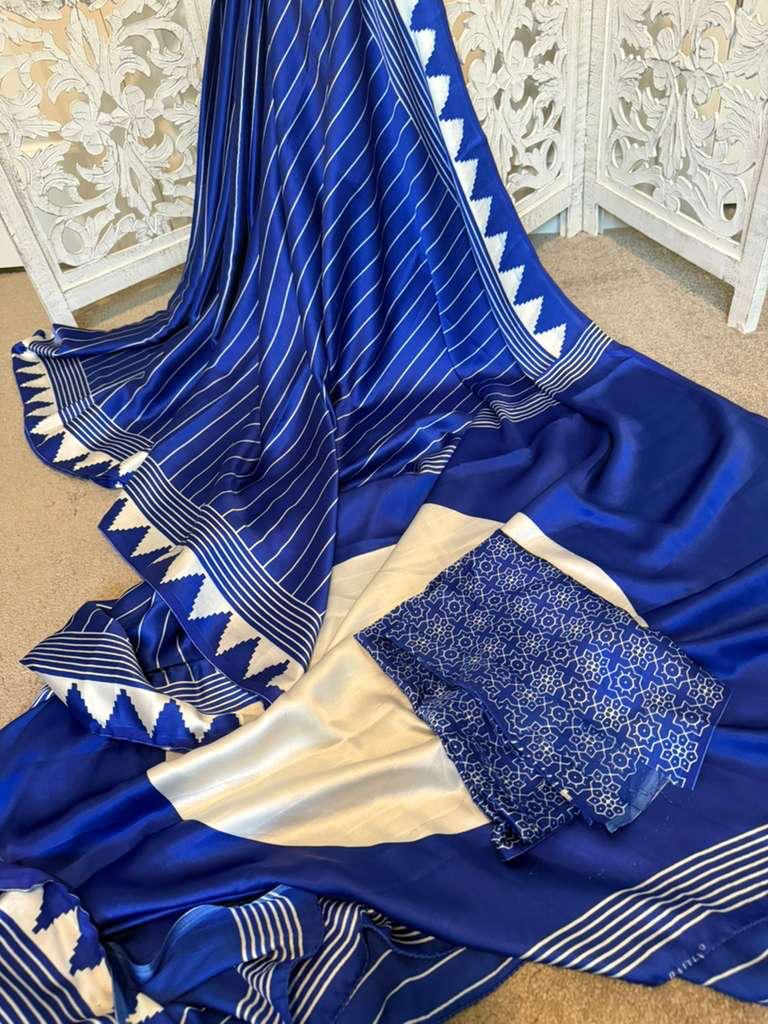 Royal blue horizontal stripes modal silk