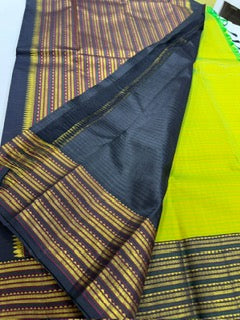 Green yellow dual tone carpet checks with brown korvai