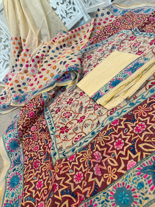 Beige khadi linen with Gujarathi embroidery