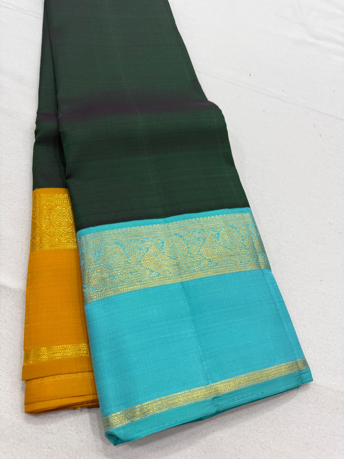 Dark green mustard teal Ganga Jamuna Korvai