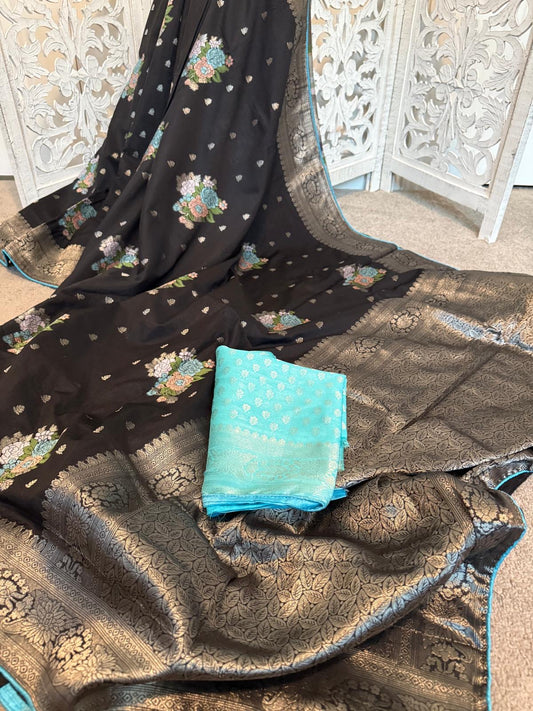Black / Teal benarasi Georgette Minakari