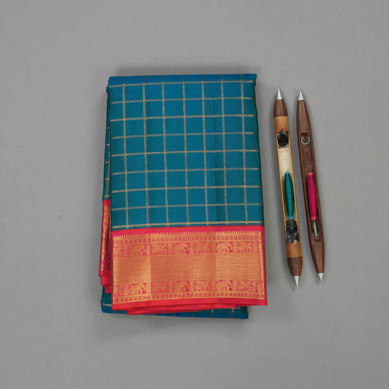Peacock blue / Rani Pink Zari checks