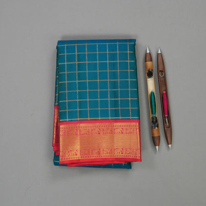 Peacock blue / Rani Pink Zari checks