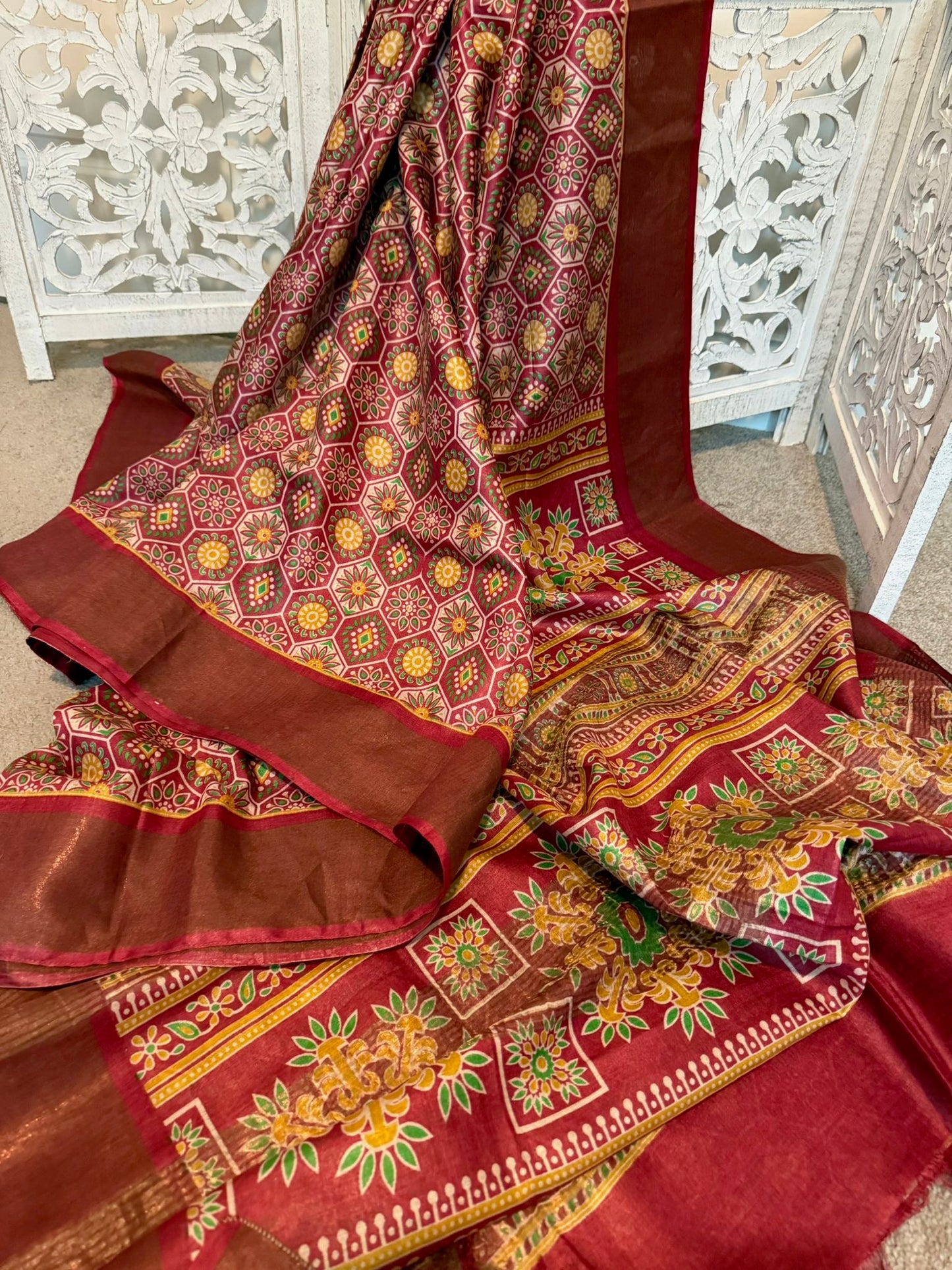 Burnt red abstract Tussar Silk