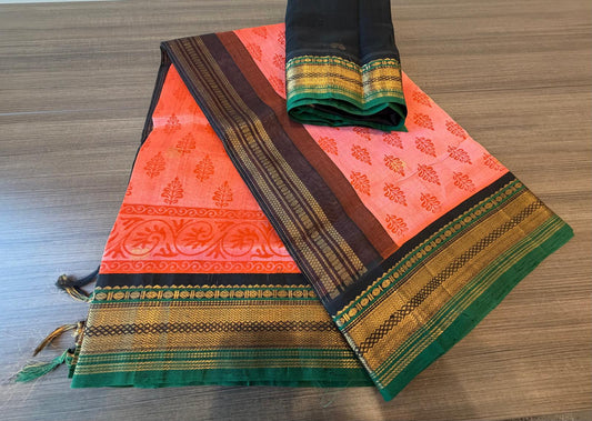 Flame orange / coffee brown abstract print korvai