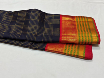 Deep navy blue red Zari checks Minakari woven borders