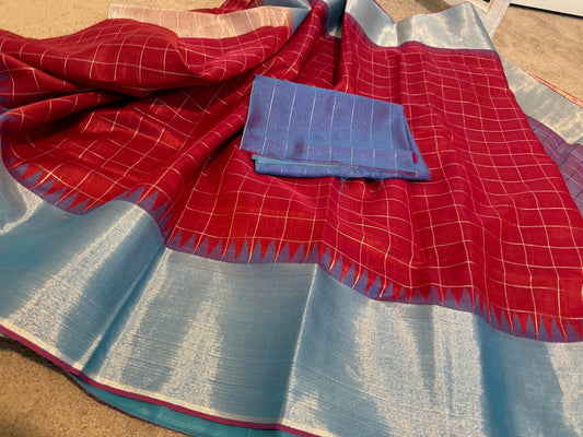 Bright red checks with blue temple border raw silk