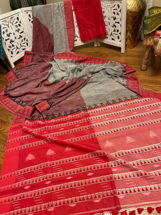 Bengal handloom with fabric painting grey / red