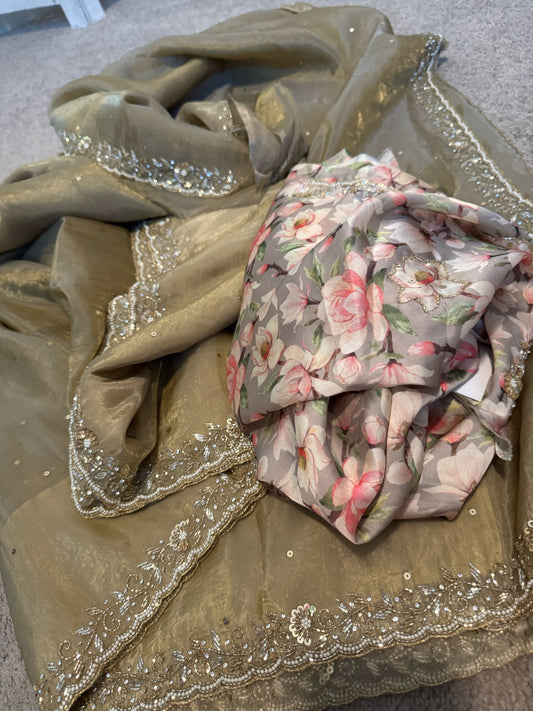 Olive green dual tone tissue silk