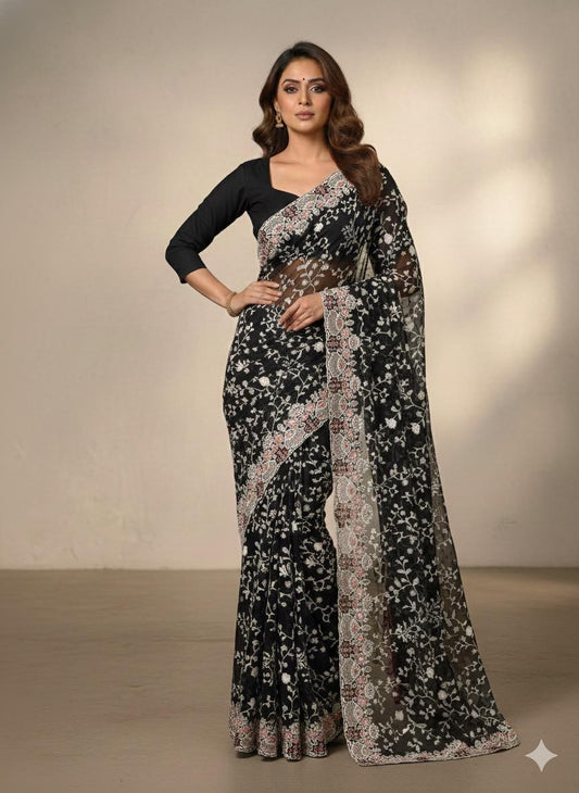 Chikkankari on Pure Mashru Crepe - Black