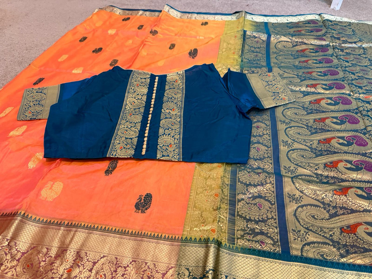 Peach / blue Paithani Benarasi