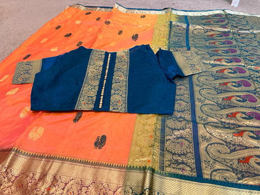 Peach / blue Paithani Benarasi