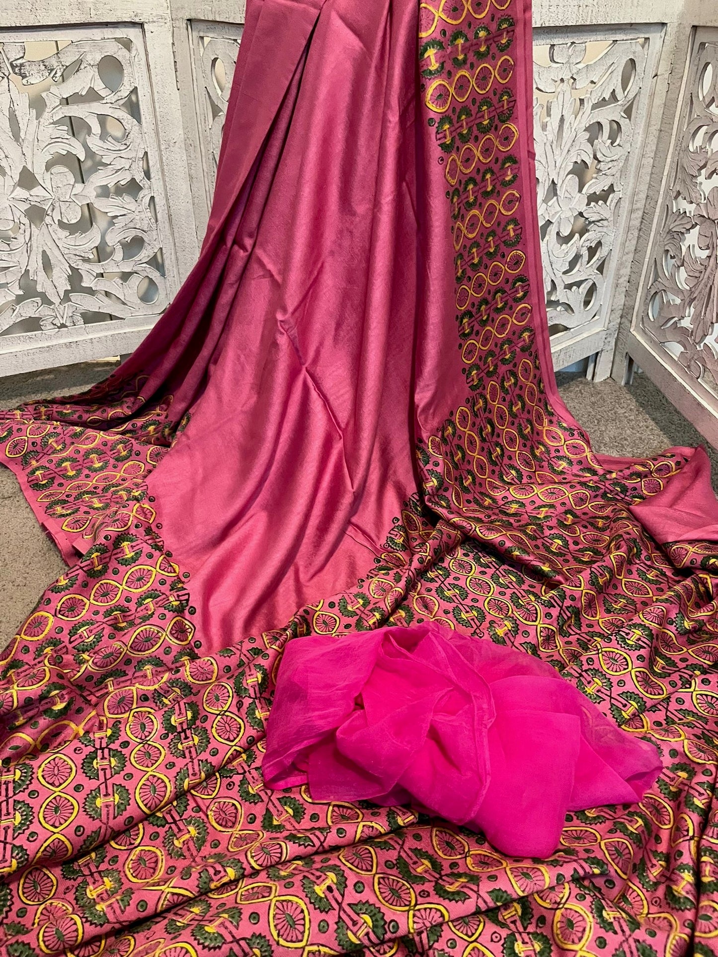 Pink hand block painted in soft Dupion Tussar