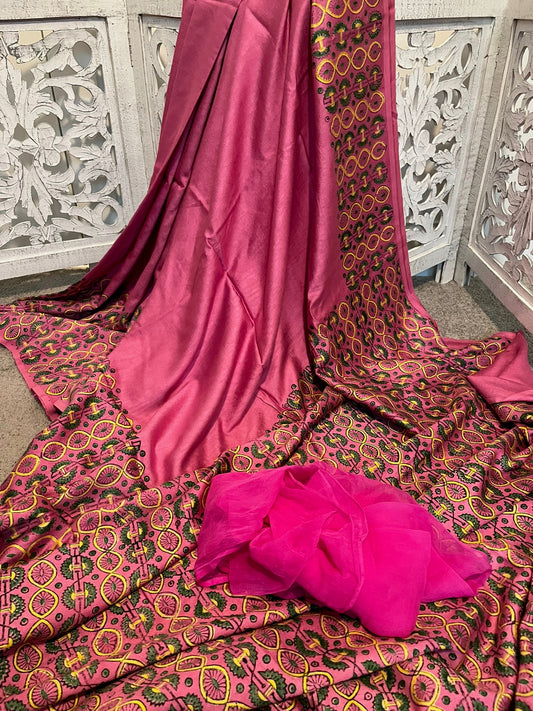 Pink hand block painted in soft Dupion Tussar