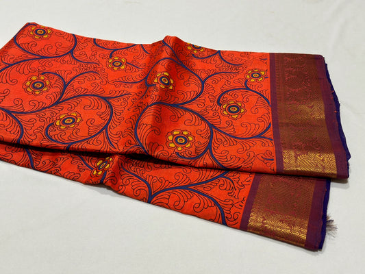 Orange with maroonish brown handblock self contrast