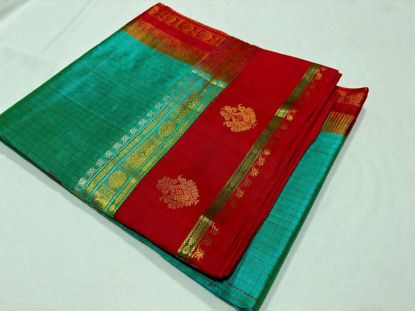 Korvai border checks / buttas sea green with red