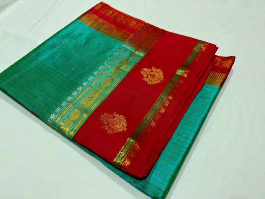 Korvai border checks / buttas sea green with red