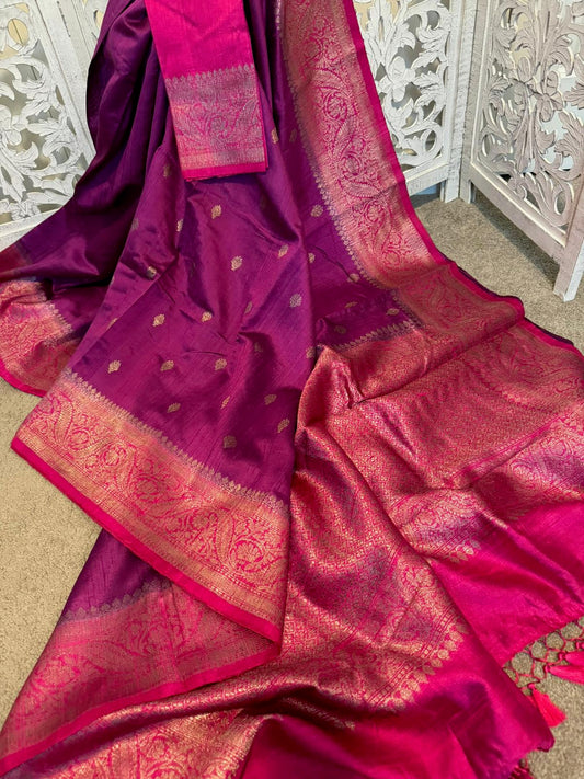 Purple Pink raw silk tussar Benarasi
