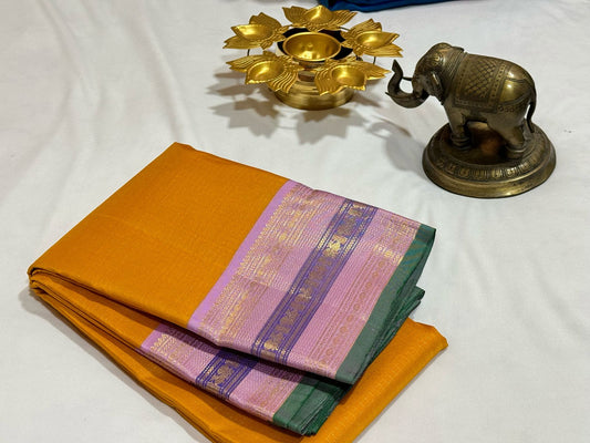 Golden mustard with lavender Zari checks korvai
