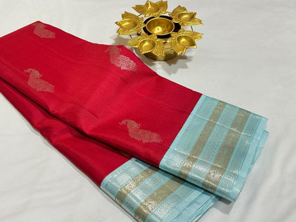 Red with powder blue buttas korvai