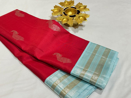 Red with powder blue buttas korvai