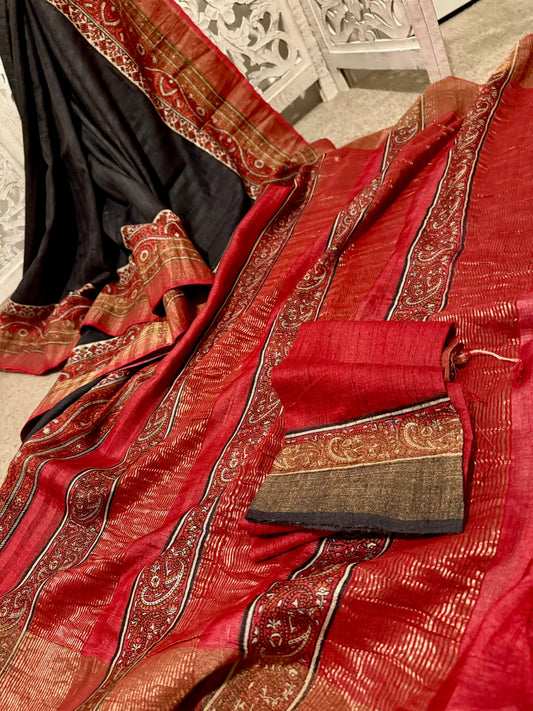Black / Maroon Tussar Silk With Zari