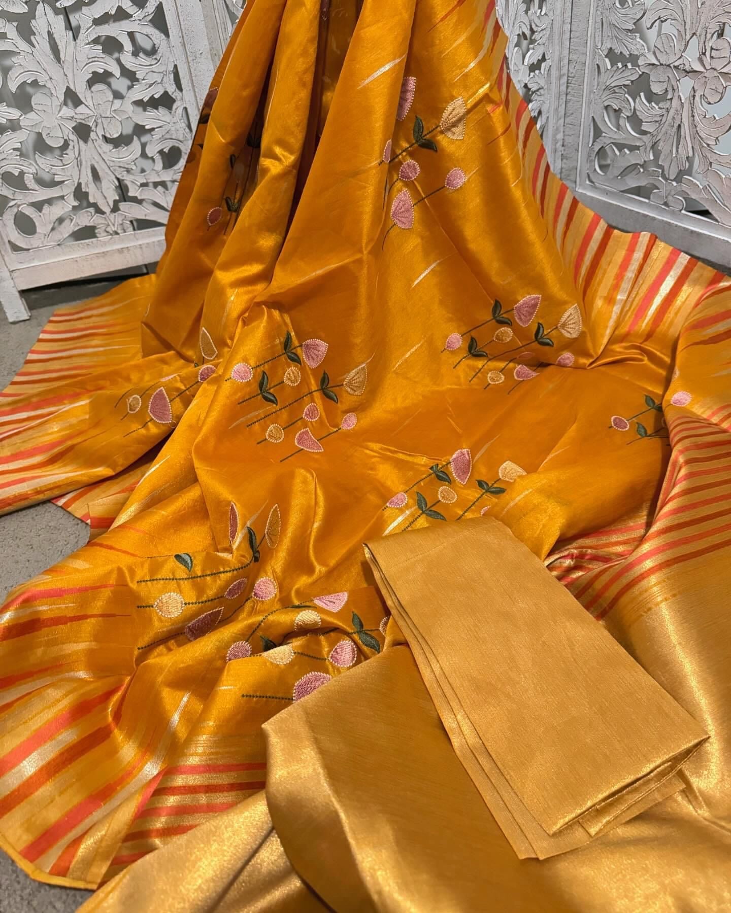 Matka Tussar embroidery Mustard