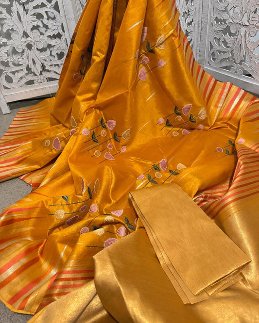 Matka Tussar embroidery Mustard