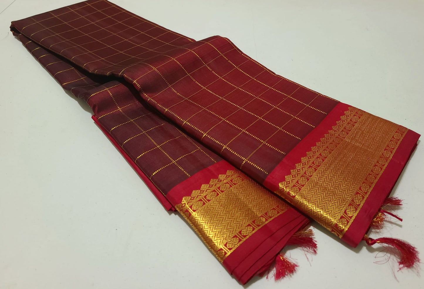 Brown with maroon Zari checks