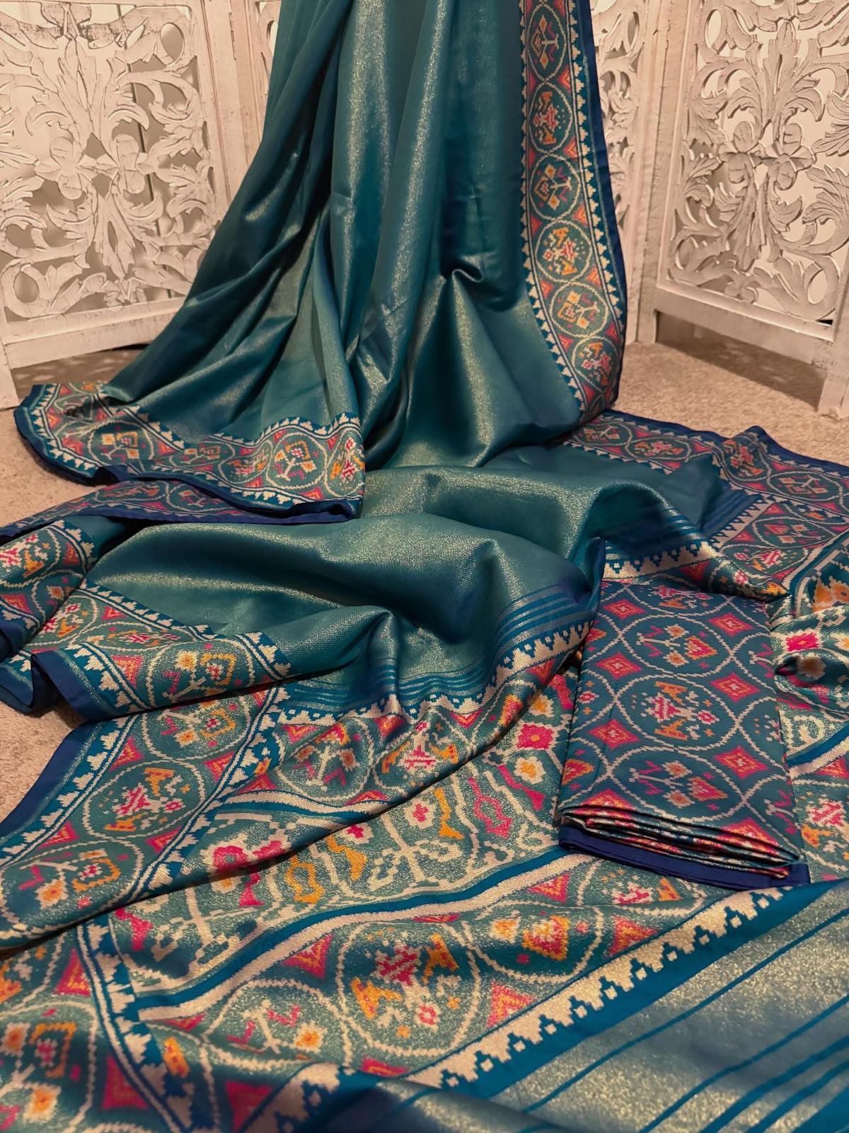 Peacock blue Mashru tissue patola woven