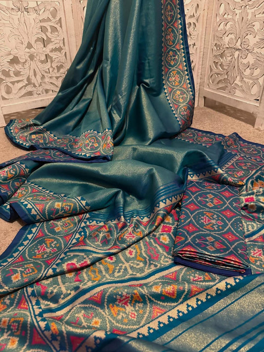 Peacock blue Mashru tissue patola woven