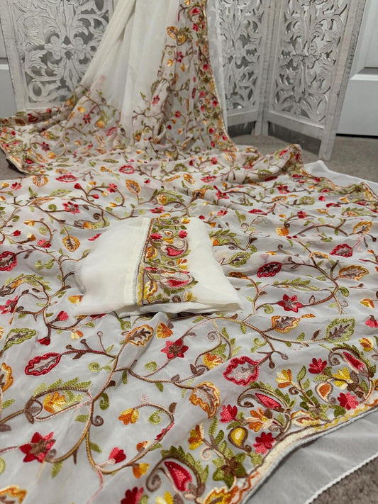 Georgette with kashmiri embroidery - white