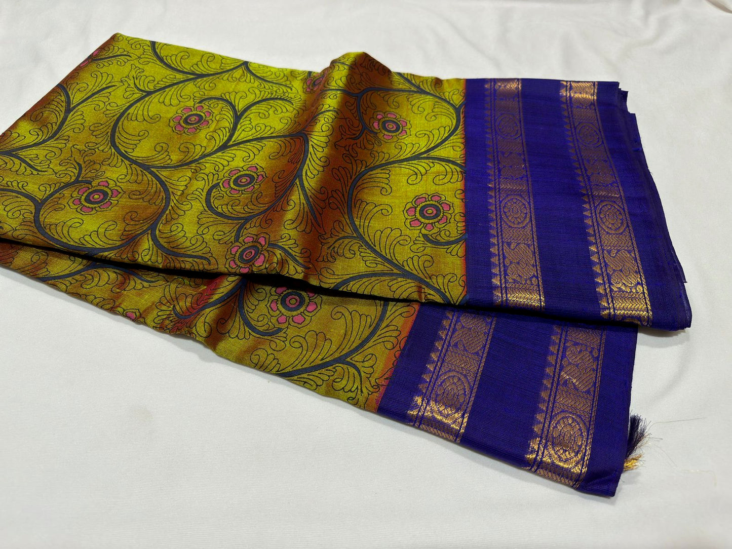 Olive green with royal blue handblock korvai