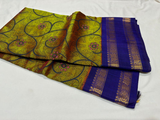 Olive green with royal blue handblock korvai