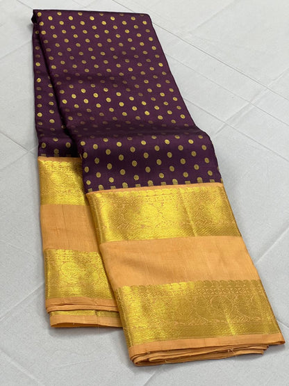 Dark Navapazham color with sandal beige rettapate thodar buttas korvai