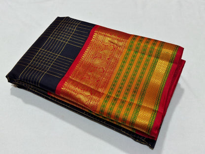 Deep navy blue red Zari checks Minakari woven borders