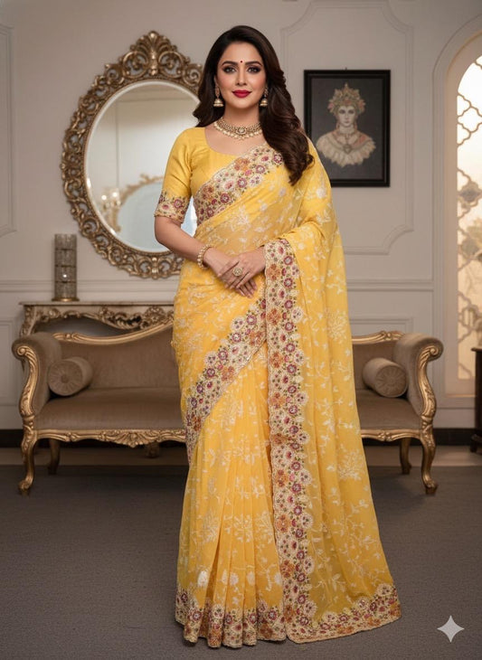 Chikkankari on Pure Mashru Crepe - Yellow