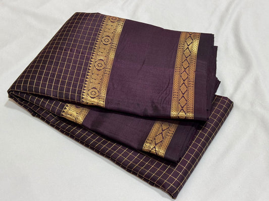 Dark coffee brown zari checks kalaimagal pallu