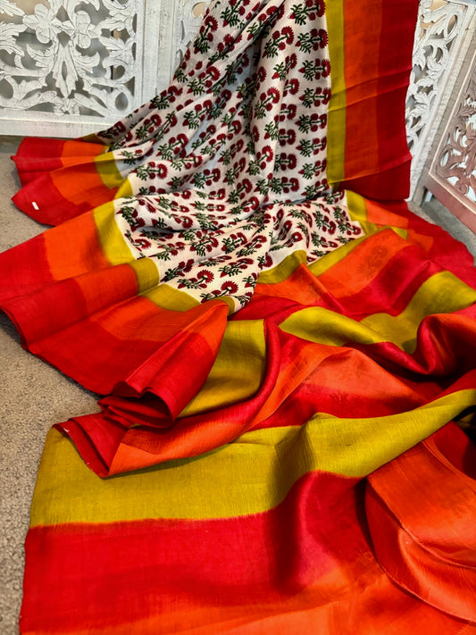Off white / mustard orange pure tussar silk