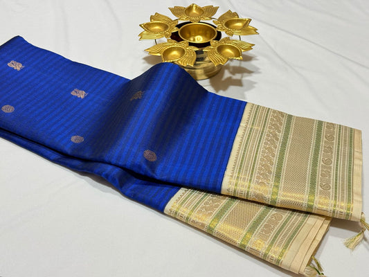 Royal blue off white muted checks/stripes korvai