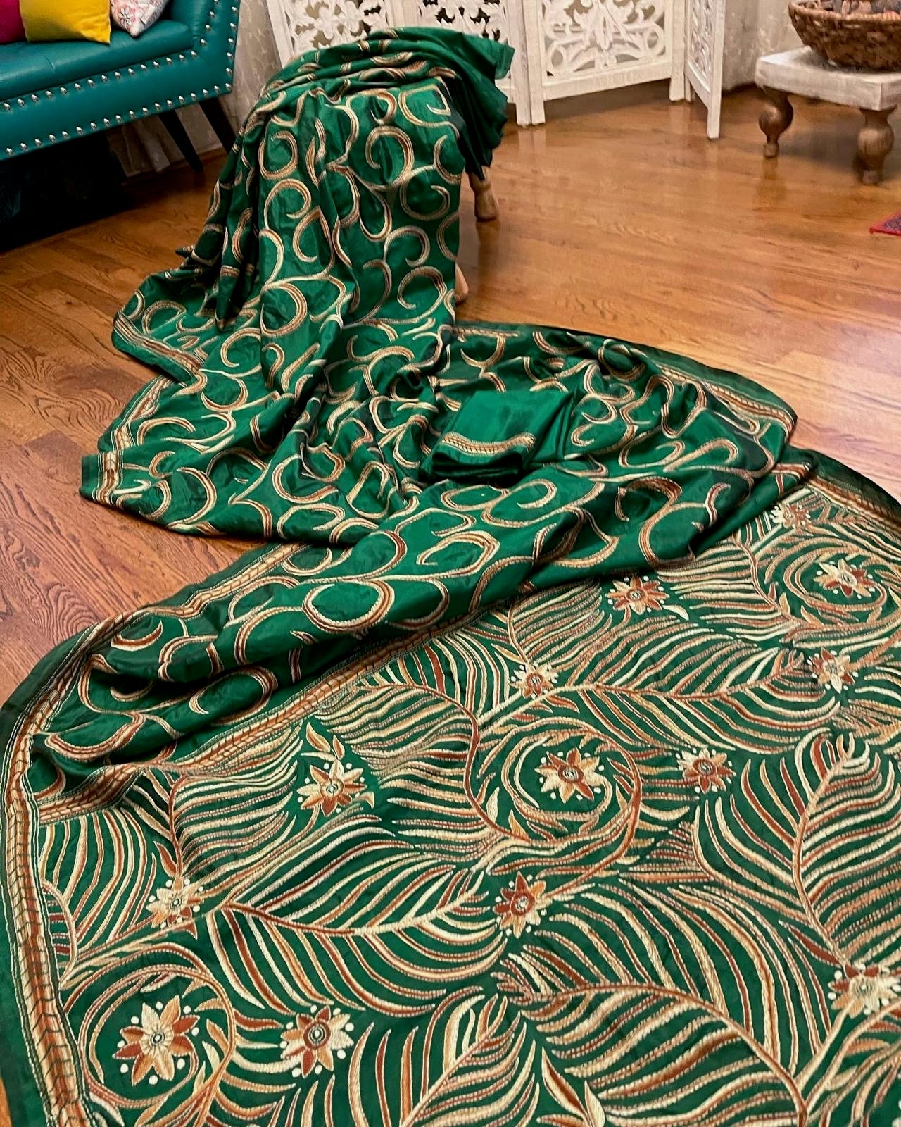 Kantha Embroidery on Pure Tussar Leaf Green