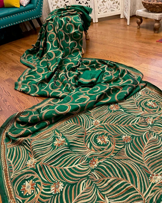 Kantha Embroidery on Pure Tussar Leaf Green