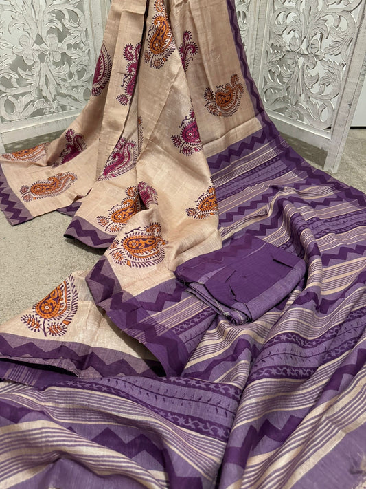 Off white Lavendar Pure Tussar Silk