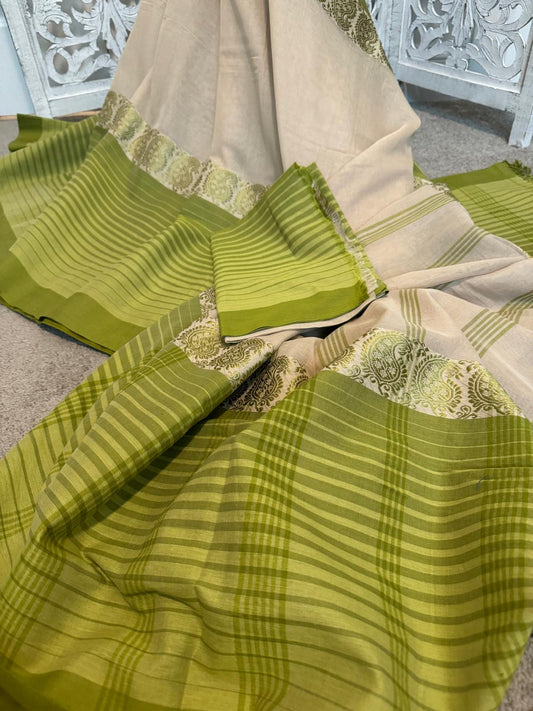 Beige / olive green Bengali Tangali saree