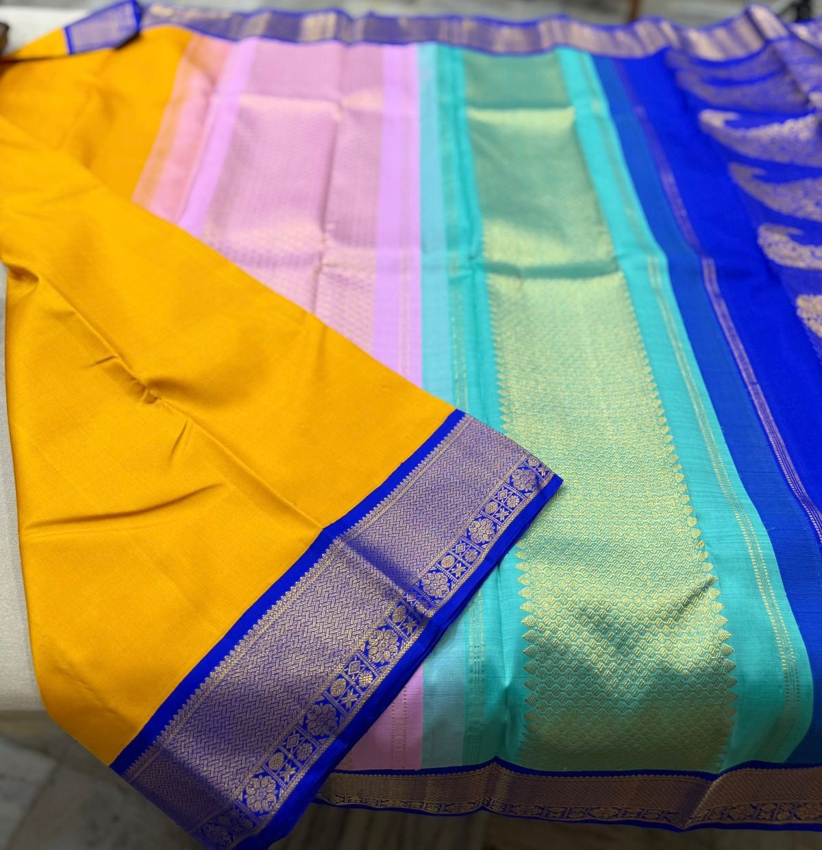 Yellow / blue korvai tri colored pallu