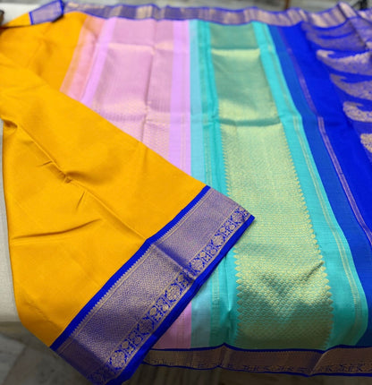 Yellow / blue korvai tri colored pallu