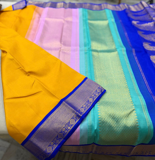 Yellow / blue korvai tri colored pallu