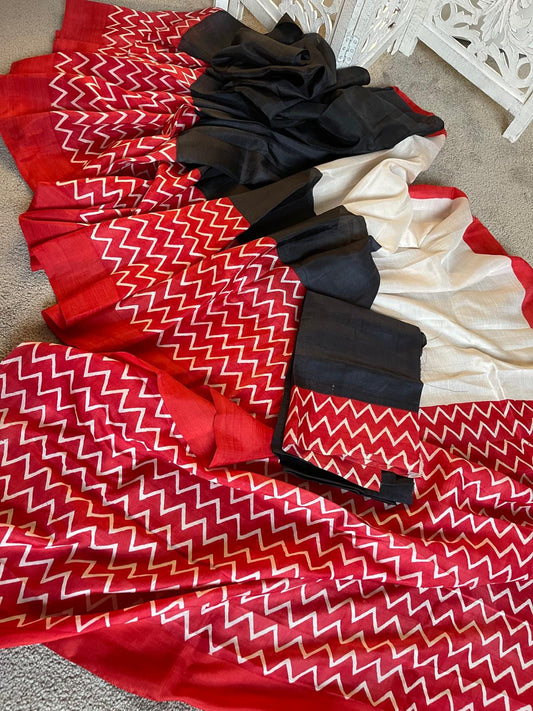 Black / red / white Zigzag design pure silk